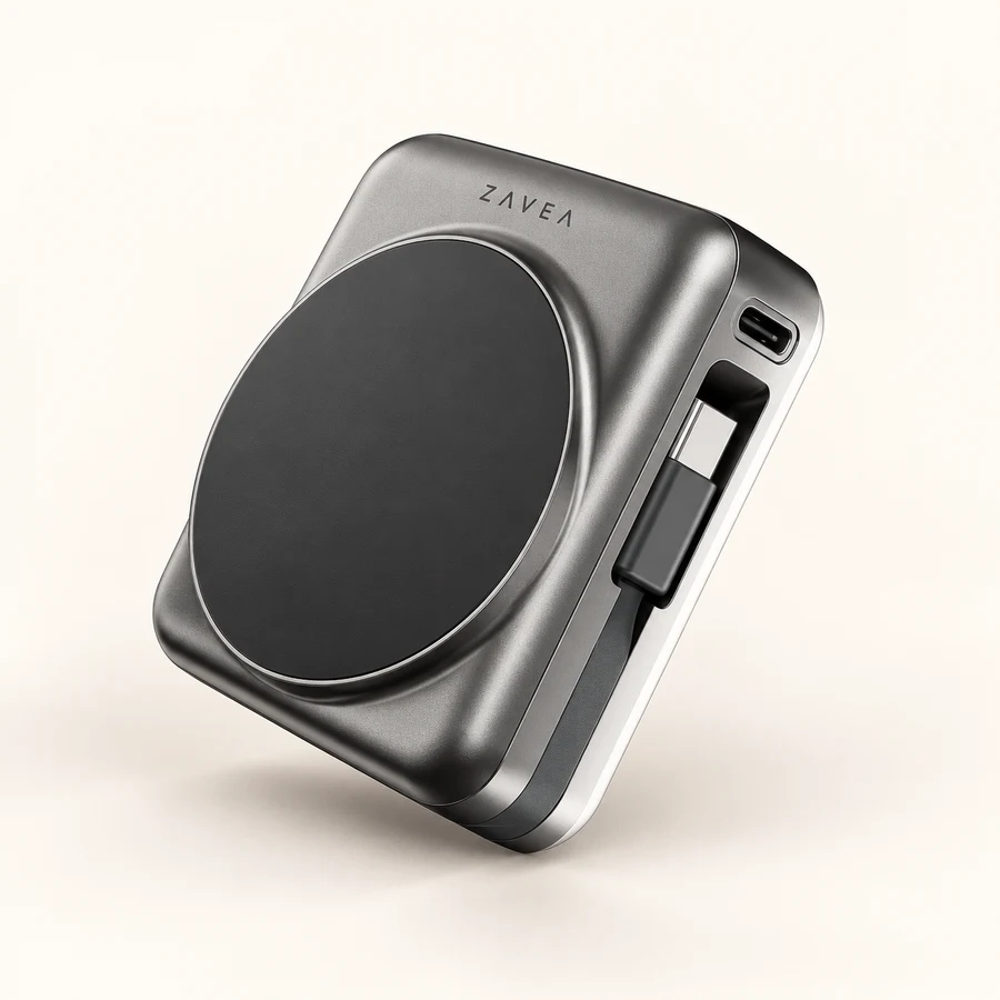 ZAVEA Air Link — 15W magnetic wireless power bank · 10,000 mAh · 15W wireless / 22.5W wired target design preview