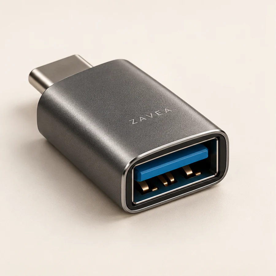 ZAVEA Bridge USB — USB-C to USB-A adapter · USB-A male → USB-C female design preview