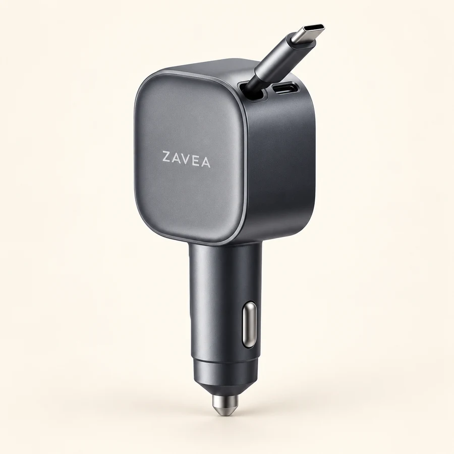 ZAVEA Drive Retract — 75W total retractable USB-C car charger · 45W cable + 30W USB-C port design preview