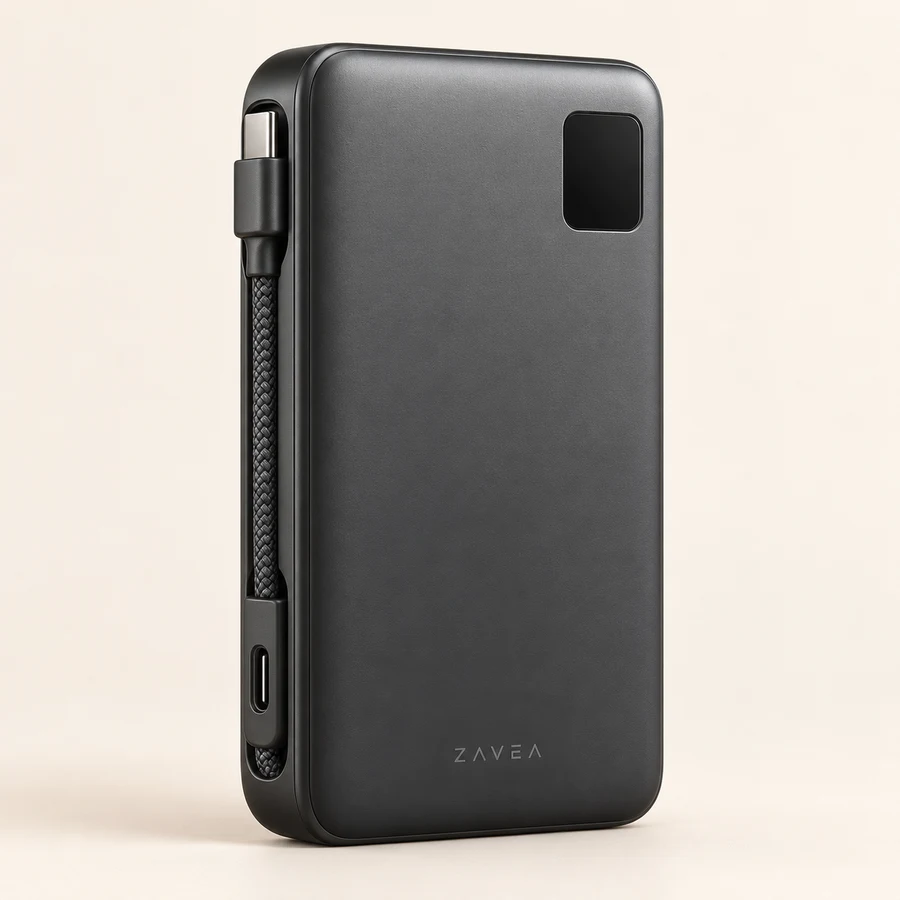 ZAVEA Pack Travel — Built-in USB-C cable power bank · 10,000 mAh · 30W USB-C design preview