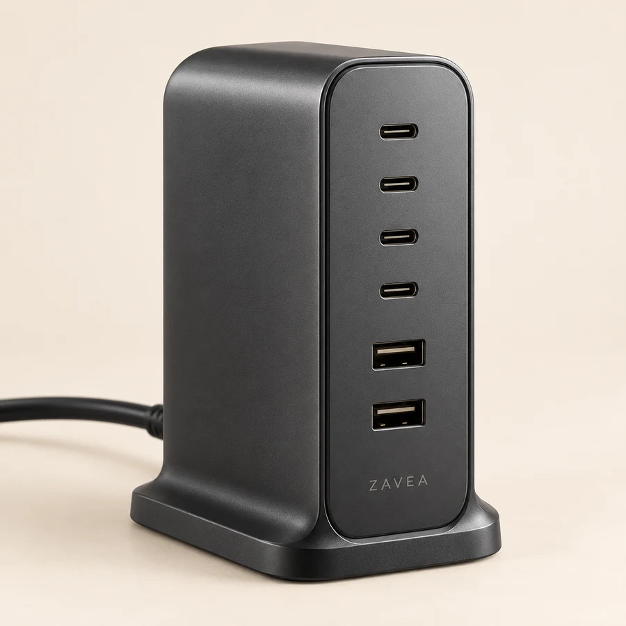 ZAVEA Station Desk — 140W 6-port GaN desktop charger · 140W total · 4 USB-C + 2 USB-A design preview