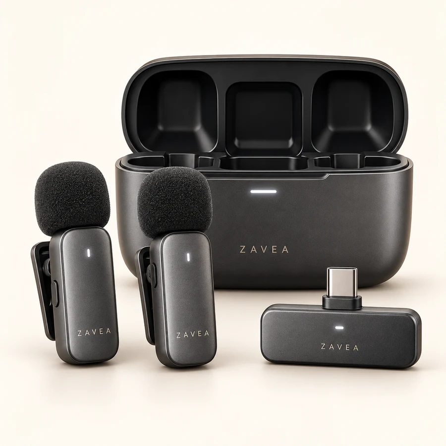 ZAVEA Voice Duo — 2.4GHz dual wireless microphone kit · USB-C + 3.5mm camera kit · 2 transmitters design preview