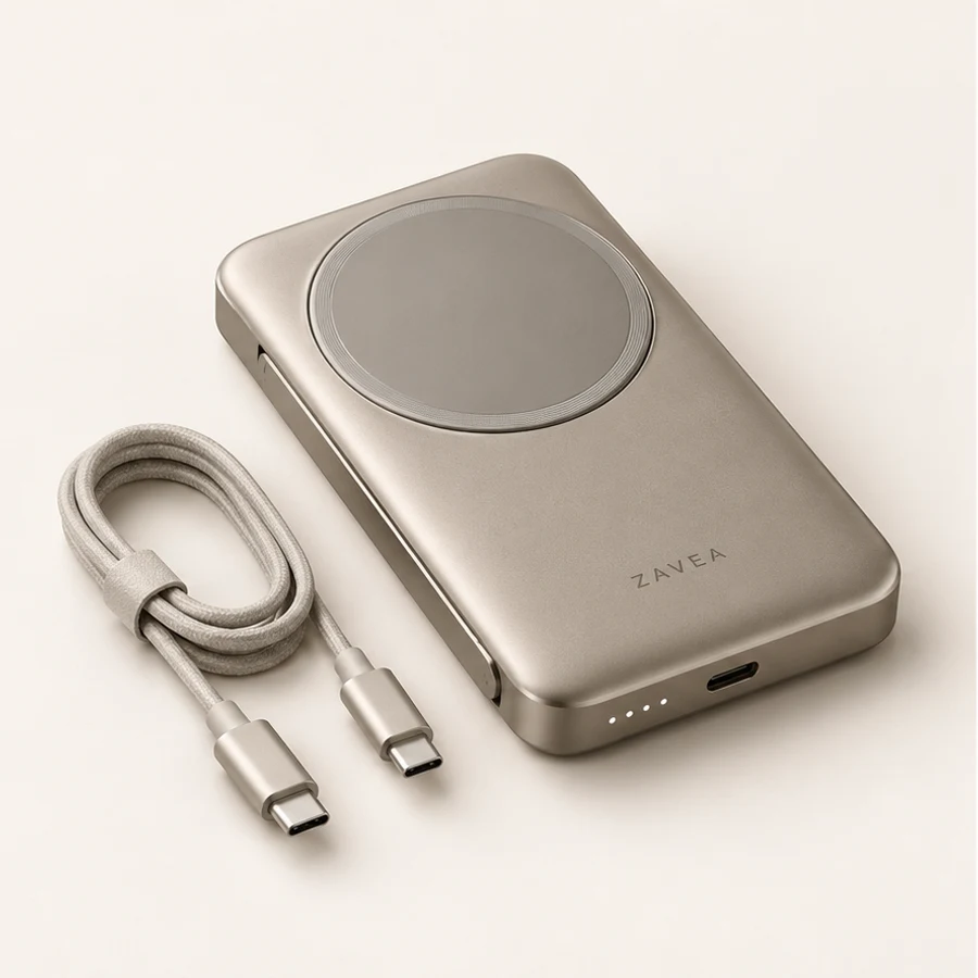 ZAVEA Air Stand — 15W magnetic power bank · 30W USB-C · 20,000 mAh design preview