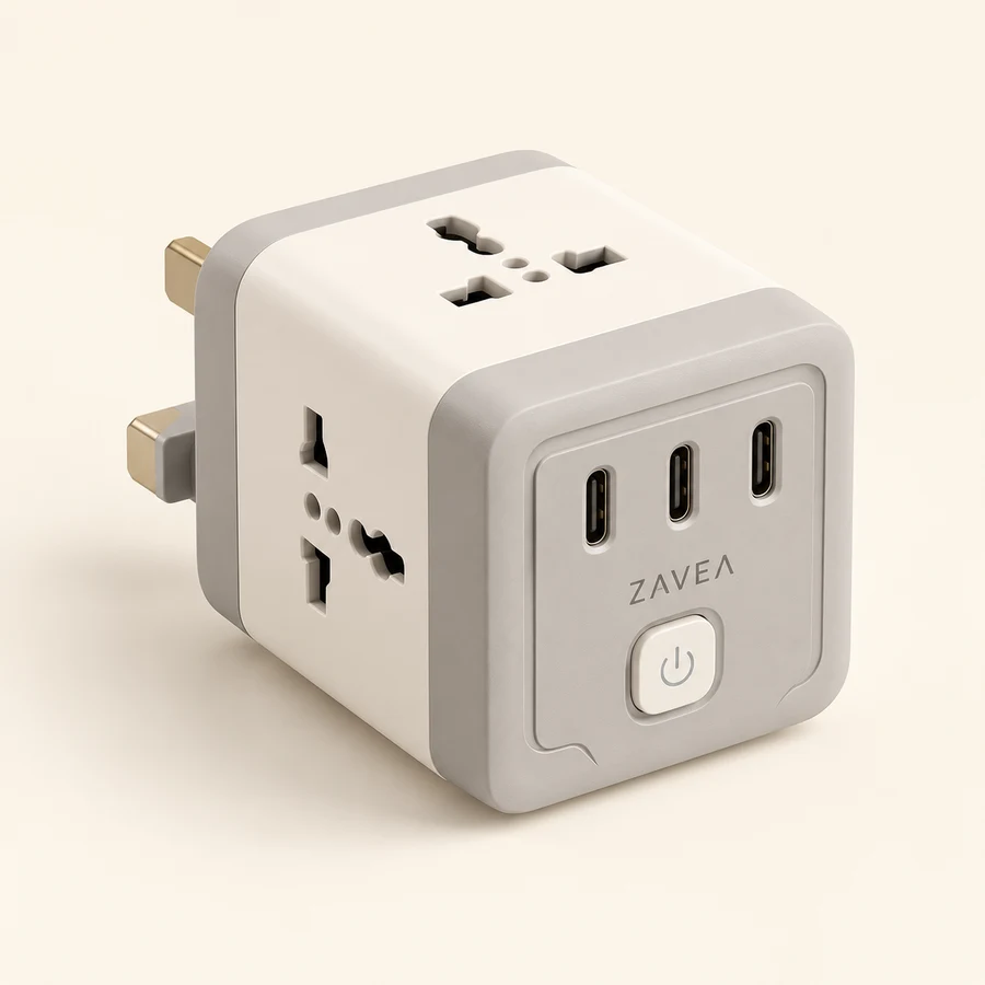 ZAVEA Wall Hub — AC outlet hub with 3 USB-C ports · AC outlets + 3 USB-C · UK plug target design preview